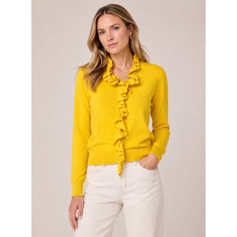 J Crew‎ Womens Yellow Gold Merino Wool Ruffle Cardigan Sweater M Bright Preppy